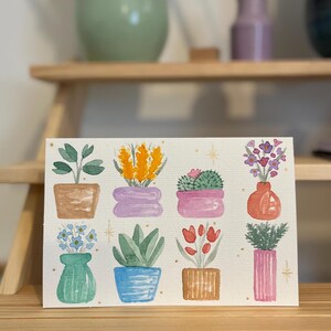 Cartão de aquarela feito à mão - Vasos de plantas | Cartão em branco e envelope | Presente para ela | Presente para ele | Personalizado | Aniversário | Inauguração de casa
