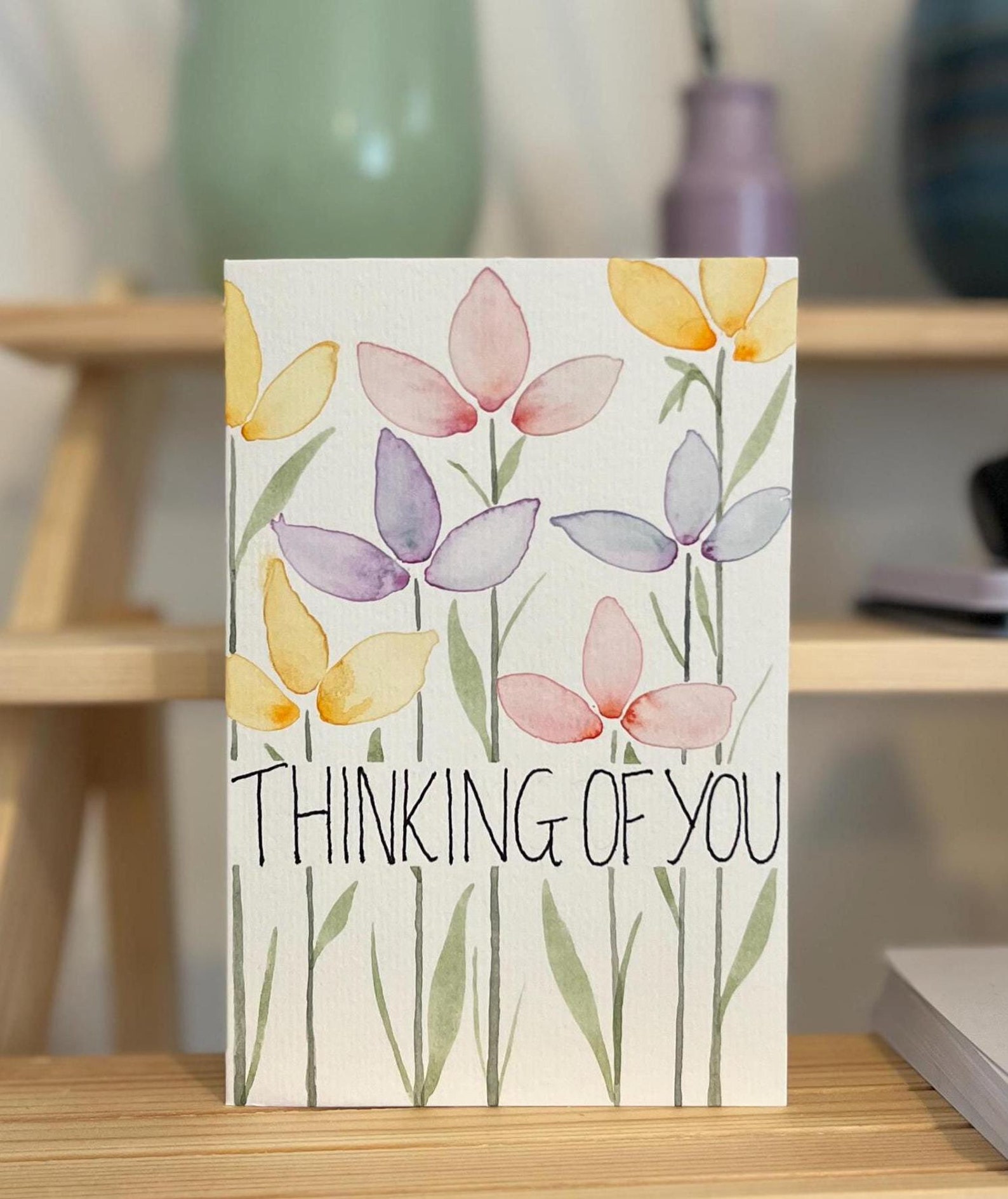 Handmade Watercolour Card - Thinking of You Flowers | Blank Card and ...