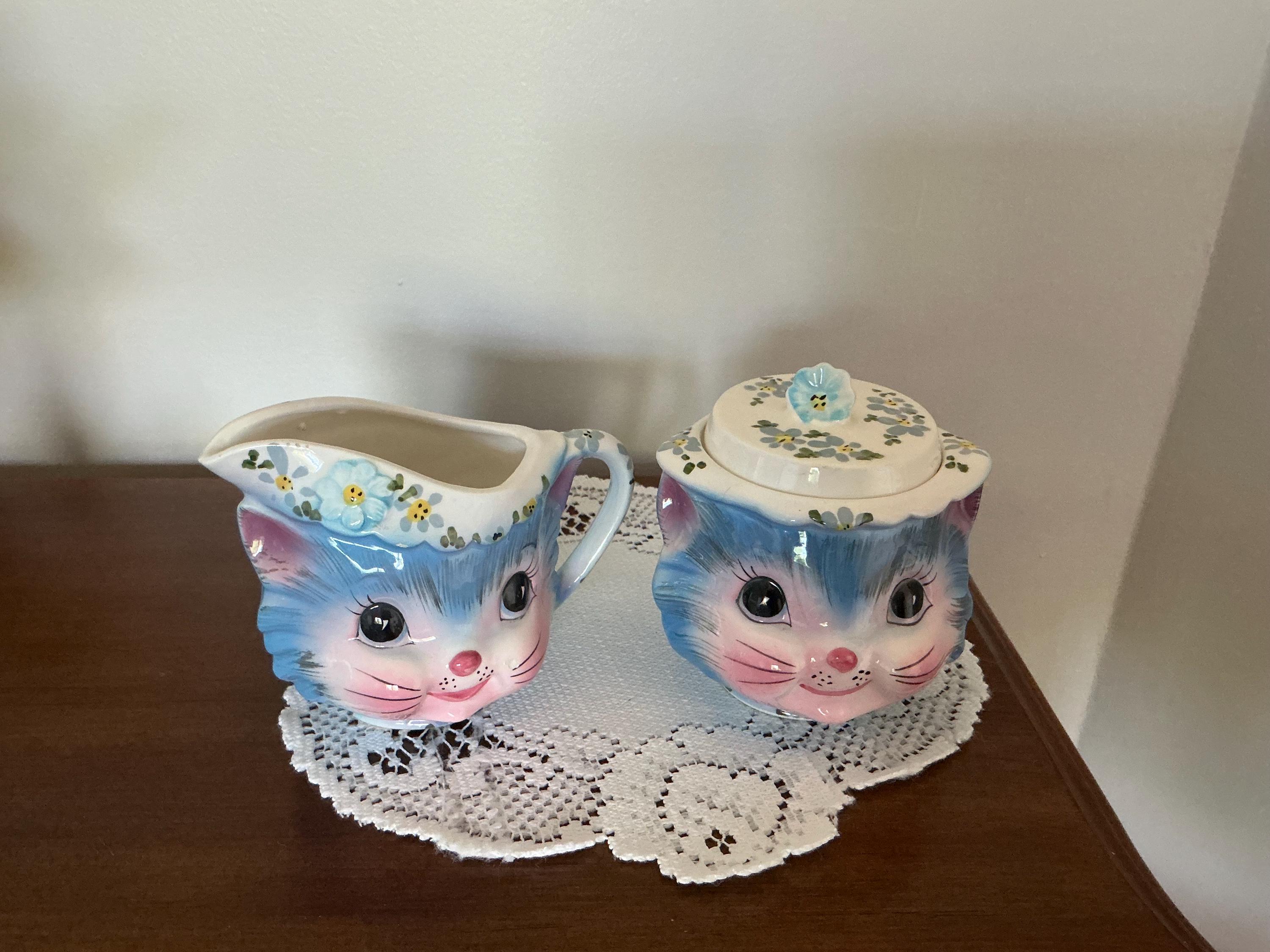 Vintage 3pc Lefton Miss Priss Kitty Creamer and Lidded Sugar Bowl