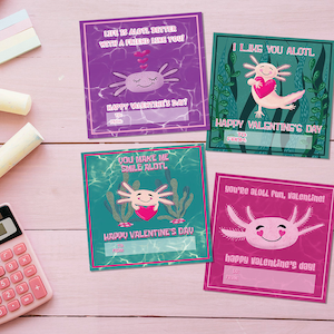 Downloadable - Printable Valentine Tags - Axolotl Valentine Cards - Axolotl Kids Valentines for school