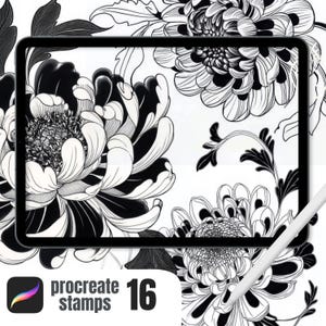 Chrysanthemum Tattoo Stamps: 16 Procreate Brush Set