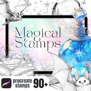 May include: A digital illustration of a set of 90+ magical stamps for Procreate. The image features a blue potion bottle, bats, stars, and a book with a compass on the cover.