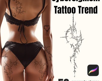 May include: Image featuring a person with black lingerie and intricate black tattoo designs on the body. The text "Cybersigilism Tattoo Trend" is displayed, along with "50 procreate stamps + transparent pngs". A Procreate app icon is also visible.
