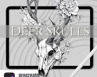 Puede incluir: Ilustración digital en blanco y negro de una calavera de ciervo con cuernos, adornada con elementos florales. El texto "DEER SKULLS" se muestra encima de la calavera. Un lápiz óptico y el logotipo de Procreate Stamps también son visibles.