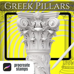 May include: A white, ornate Greek pillar capital with detailed carvings, set against a yellow background with radial lines. The text "GREEK PILLARS" is at the top. A tablet and stylus are also visible, along with the "procreate stamps" logo.