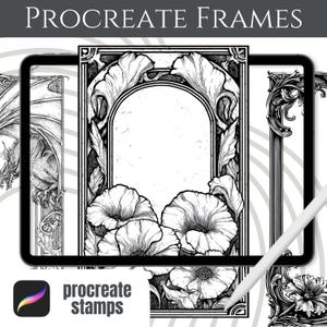 Peut inclure: Une présentation d'art numérique avec des Procreate Frames. Le cadre central présente un motif floral avec des coquelicots, tandis que d'autres cadres affichent des illustrations ornées en noir et blanc. Le logo Procreate Stamps est visible en bas.