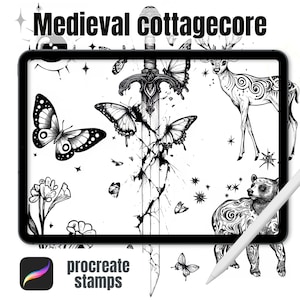 May include: Black and white digital art featuring a sword, butterflies, a deer, and a bear. The words "Medieval cottagecore" and "procreate stamps" are also visible. A white stylus is included.