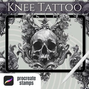 Könnte beinhalten: Digitale Illustration eines Schädels mit floralen und ornamentalen Elementen, dargestellt auf einem Tablet. Der Text "KNEE TATTOO" steht oben, mit "procreate stamps" unten. Ein weißer Stift ist ebenfalls sichtbar.