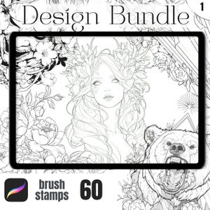 以下が含まれることがあります： 60個のブラシスタンプを備えたデジタルイラストデザインバンドル。このバンドルには、花を髪につけた女性、クマ、花のデザインの白黒イラストが含まれています。