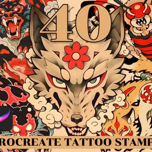 Neo Traditional Tattoo Procreate | Brush set, tattoo stamps, japanese art | 40 Designs