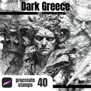 以下が含まれることがあります： 白黒のデジタルアートで、古典的なギリシャ彫刻が描かれています。「Dark Greece」の文字が上部にあります。画像には、Procreateアプリのロゴ、「procreate stamps」の文字、数字の「40」が含まれています。白いスタイラスが画像にあります。
