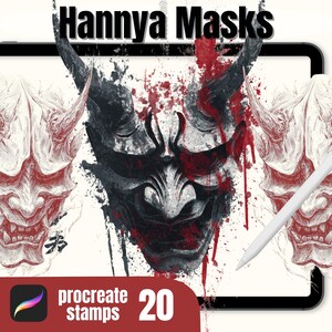 May include: Digital art featuring Hannya masks in black, red, and white. The image includes the text "Hannya Masks" at the top and "procreate stamps 20" at the bottom, with a stylus and tablet visible.