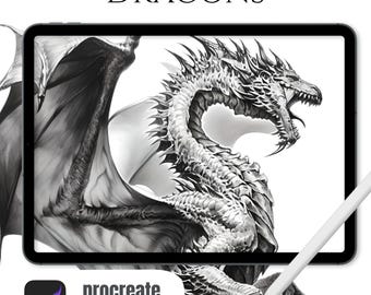 May include: A digital illustration of a dragon displayed on a tablet. The dragon is detailed in black and white, with text that reads "DRAGONS" at the top. The tablet also displays the text "procreate stamps". A white stylus is in the foreground.