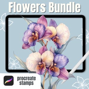 Könnte beinhalten: Digitale Illustration eines Blumen-Bundles auf einem Tablet-Bildschirm. Die Blumen sind Orchideen in Lila-, Weiß- und Gelbtönen. Der Text "Flowers Bundle" steht oben, und das Procreate Stamps-Logo befindet sich unten.