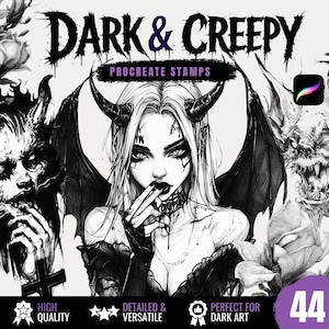 Peut inclure: Graphique d'art numérique avec le texte "DARK & CREEPY" et "PROCREATE STAMPS". L'image présente une illustration détaillée d'une femme avec des cornes et des ailes, entourée d'autres illustrations gothiques. L'image comprend également les mots "HIGH QUALITY", "DETAILED & VERSATILE" et "PERFECT FOR DARK ART".