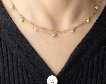 Dainty Gold Tone Zircon Beads Necklace & Bracelet, Double Layer Chain Necklace for Women, Bridesmaid Gift, Anniversary Gift, Birthday Gift