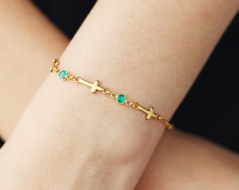 Cross Bracelet with Birthstone, Personalized Bracelet for Women, Dainty Gold Cross Bracelet, Confirmation Gift, Baptism Gift, Birthday Gift