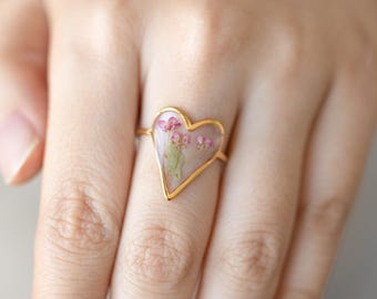 Pressed Real Flower Heart Ring, Handmade Ring for Women, Bridesmaid Gift, Unique Birthday Gift for Her, Christmas Gift, Gift for Her