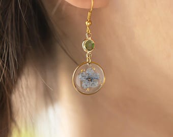 Custom Birthstone Forget Me Not Flower Earrings, Real Pressed Flower Earrings, Handmade Jewelry, Birthday Gift, Christmas Gift for Her
