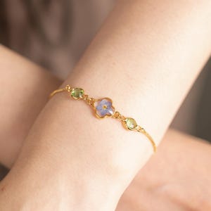Custom Birthstone Real Flower Bracelet, Forget-me-not Flower Bracelet, Dainty Bracelet for Women,  Handmade Jewelry, Christmas Gift for Her