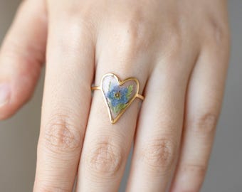 Heart Forget Me Not Flower Ring, Handmade Pressed Real Leaf Ring, Natural Jewelry, Anniversary Gift, Unique Birthday Gift, Gift for her