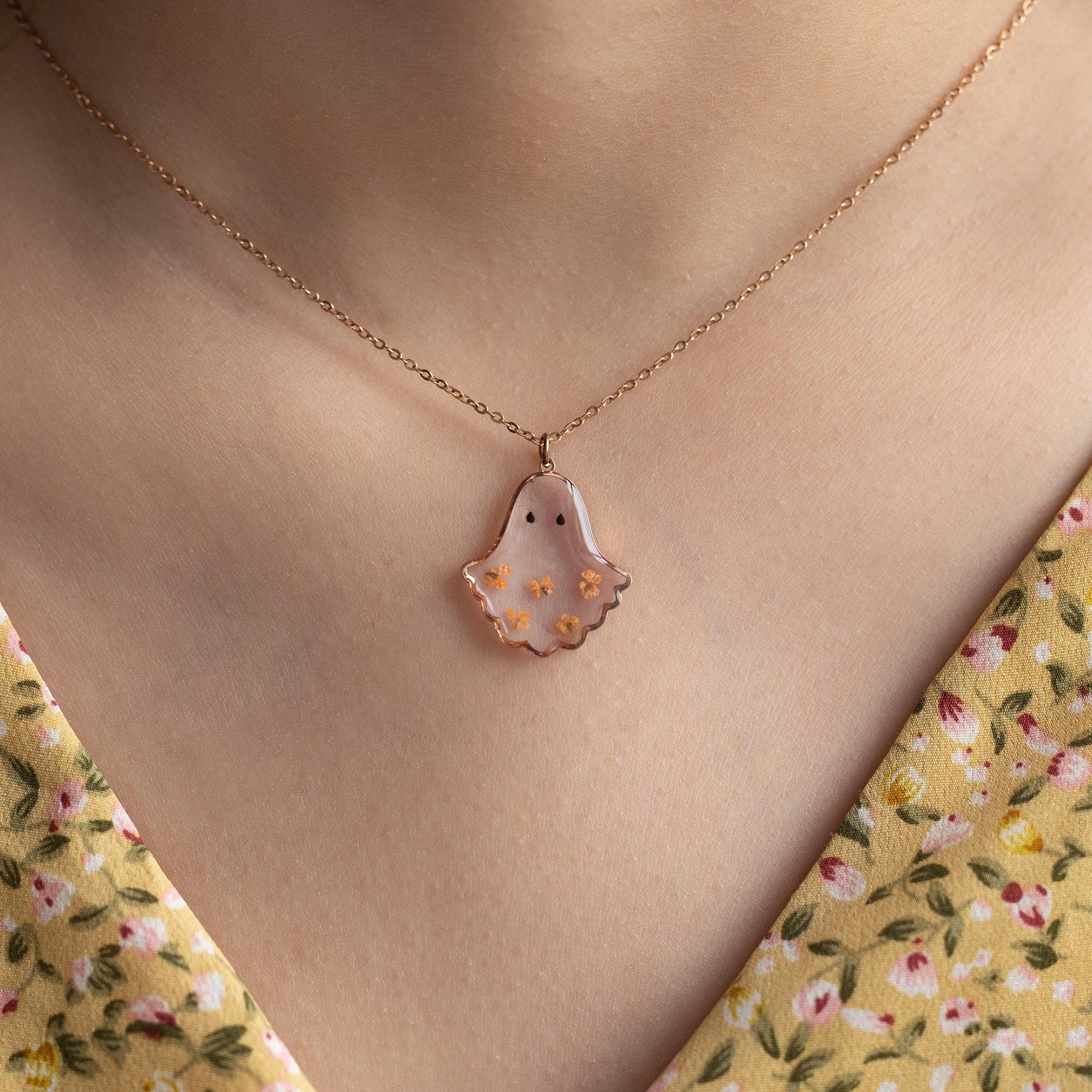 Cute Ghost Necklace, Ghost Charm Necklace, Handmade Flower Necklace, Ghost Jewelry, Unique Birthday Gift, Christmas Gift, Gift for Her