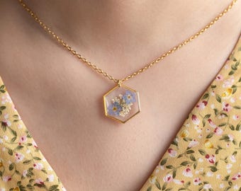 Forget Me Not Necklace, Handmade Real Flower Necklace, Minimalist Necklace for Women, Birthday Gift for Mom, Christmas Gift, Gift for Her