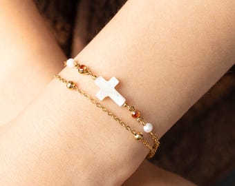 Personalized Cross Birthstone Bracelet, Dainty Cross Charm Bracelets for Women, Christian Bracelet, Baptismal Gift, Birthday Gift for Her