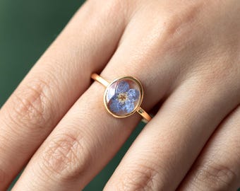 Vergissmeinnicht Ring, Blume Ring für Frauen, handgemachte gepresste Blume Ring, minimalistische Hochzeitsgeschenke, Weihnachtsgeschenk, Geburtstagsgeschenk für sie