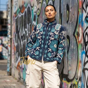 Blue Velvet Slub Jacket, Hand Embroidered Floral Suzani, Bohemian Overcoat