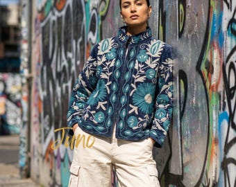 Blue Velvet Slub Jacket, Hand Embroidered Floral Suzani, Bohemian Overcoat