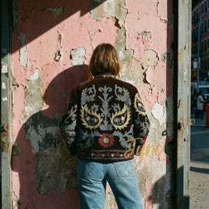 Bohemian Paisley Coat, Brown Embroidered Cotton Velvet Suzani Short Jacket, Luxury Artisan Gift Her