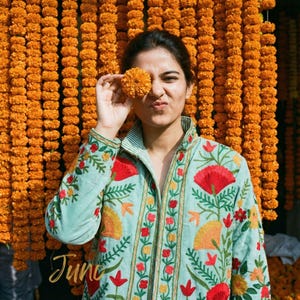Hand-Embroidered Velvet Slub Jacket – Mint Green Suzani Floral