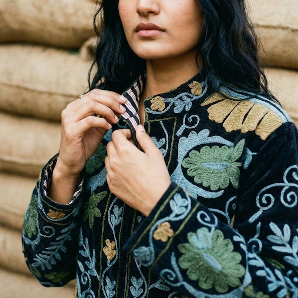 Limited Edition oversized getextureerd jack, zware Suzani-geborduurde jas, festivalkleding
