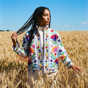 Handmade Floral Embroidered Suzani Jacket, Bohemian Waffle Knit Coat