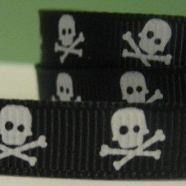 Skulls in Black and White Skull and Crossbones White on Black Grosgrain Ribbon in 3\/8 inches wide BW