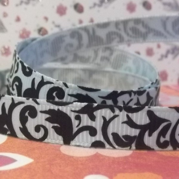 3 yards Damask Flourish Swirls Black and Light Blue  Printed Grosgrain Ribbon in 3/8 inches wide Ice Blue