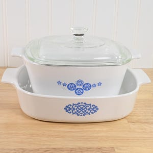 Set of 2 Promotional Corning Ware Baking Dishes | Macramé & American Oil Star / Snowflake Patterns - Rare!