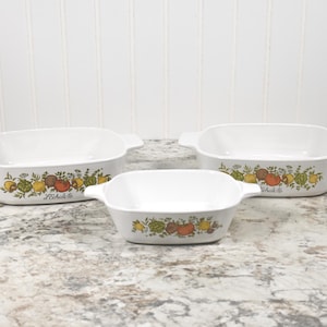 Corning Ware Spice of Life Baking Dishes | Beautiful Vintage Produce Spice O&#39; Life Pattern with French Script on 1 Quart Dishes | 1972-1985