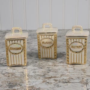 Mid-Century Luster Glaze Spice Canister Set of 3 | Czechoslovakia JB&W of New York Spice Canister Set | Cinnamon, Nutmeg, Cloves Spice Jars