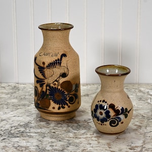 Signed Mexican Tonala Pottery Vases: Folk Art Bird & Floral Decor