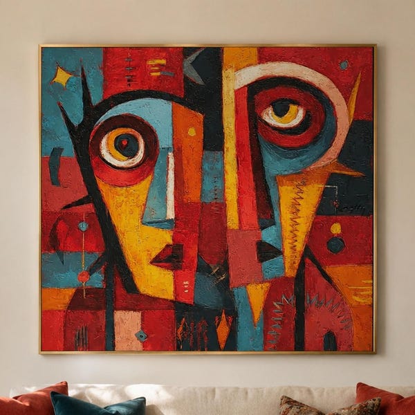 Vivid Avant Garde Portrait Painting, Textured Modernist Mask Canvas, Abstract Cubism Wall Art