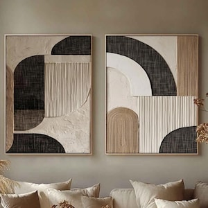 Texturerade abstrakta diptyk-kanvaspaneler, modern väggkonst i mitten av århundradet