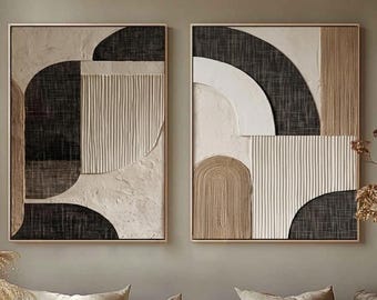 Díptico abstracto original hecho a mano, juego de 2 paneles de lienzo texturizado, tapiz moderno de mediados de siglo, decoración sofisticada para el hogar, regalo artístico.