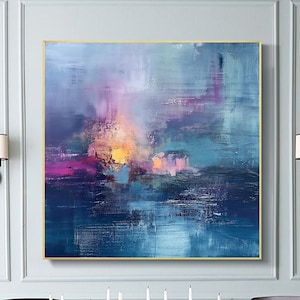 Large Abstract Colorful Oil Painting on Canvas, Original Blue Painting Minimalist Art,Custom Painting,Boho Wall Décor,Living Room Home Decor