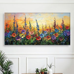 Original Colorful Flower Oil Painting On Canvas, Abstract Texture Floral Landscape Art, Large Custom Painting, Modern Living Room Wall Decor