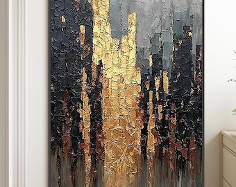 Textured Industrial Black & Gold Painting, Large Vertical Canvas Wall Art for Entryway, Luxury Modern Decoration, Unique Anniversary Gift