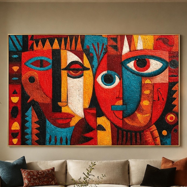 Cubist Abstract Face Oil Painting, Colorful Tribal Mask Canvas, Expressionist Portrait Wall Art