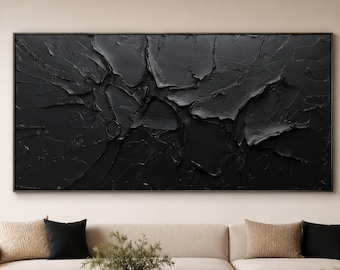Peinture à l'impasto noir, toile texturée effet terre craquelée, art mural minimaliste sombre