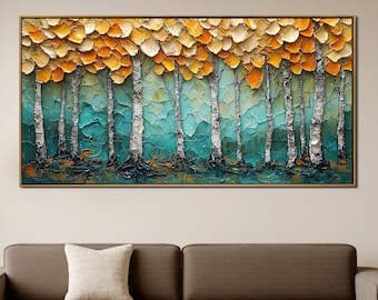 Textured Autumn Birch Tree Painting, 3D Wall Art, Modern Oil Painting
